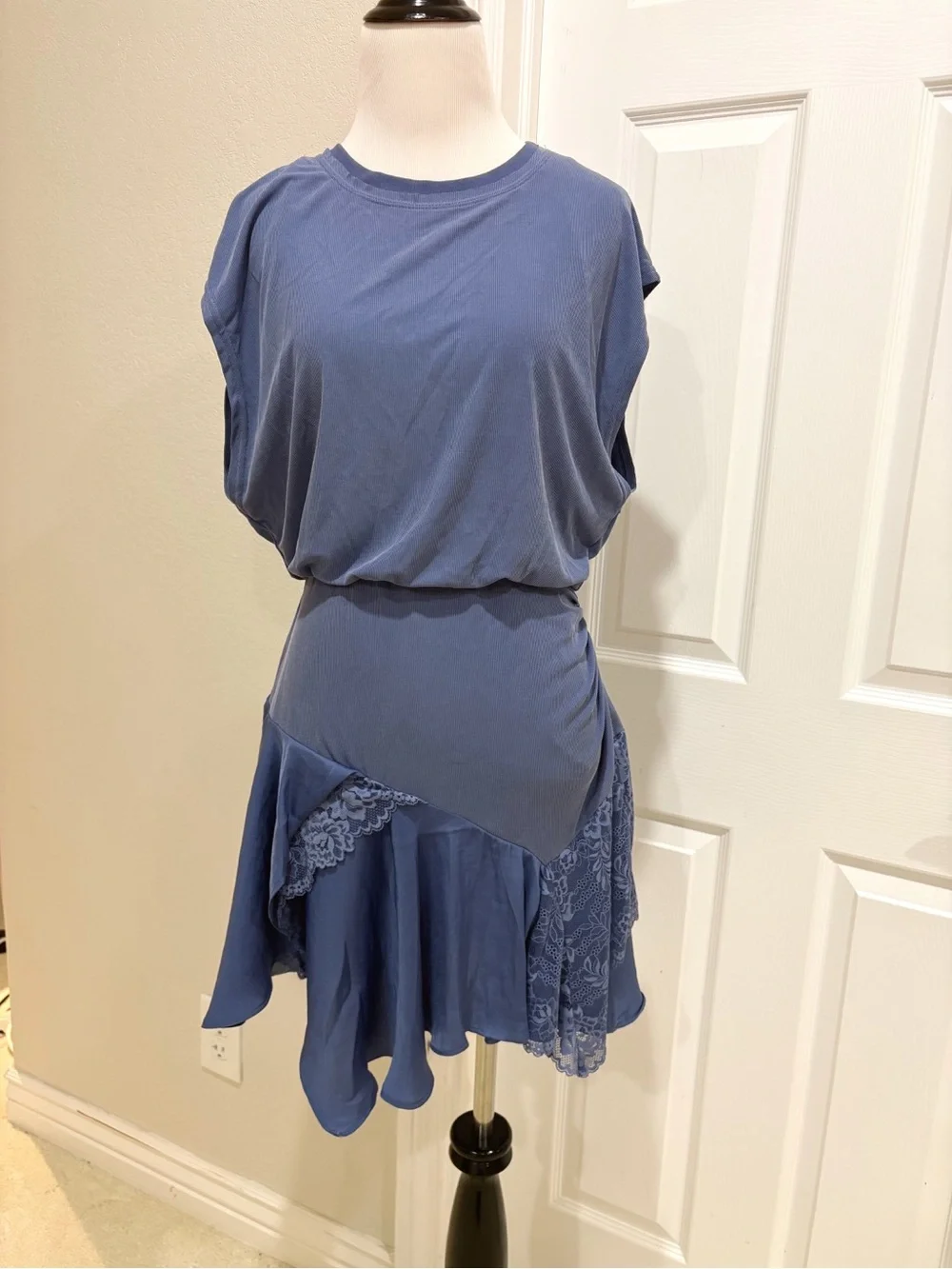 Free People Dusty Blue Lace-Trim Jazzy Mini Dress Small
